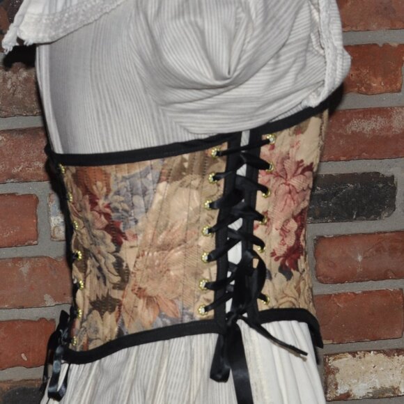 Handmade 2 sided, Lace-up, Bustier Corset, Floral Tapestry & Black Pin Stripe  M - Picture 2 of 9